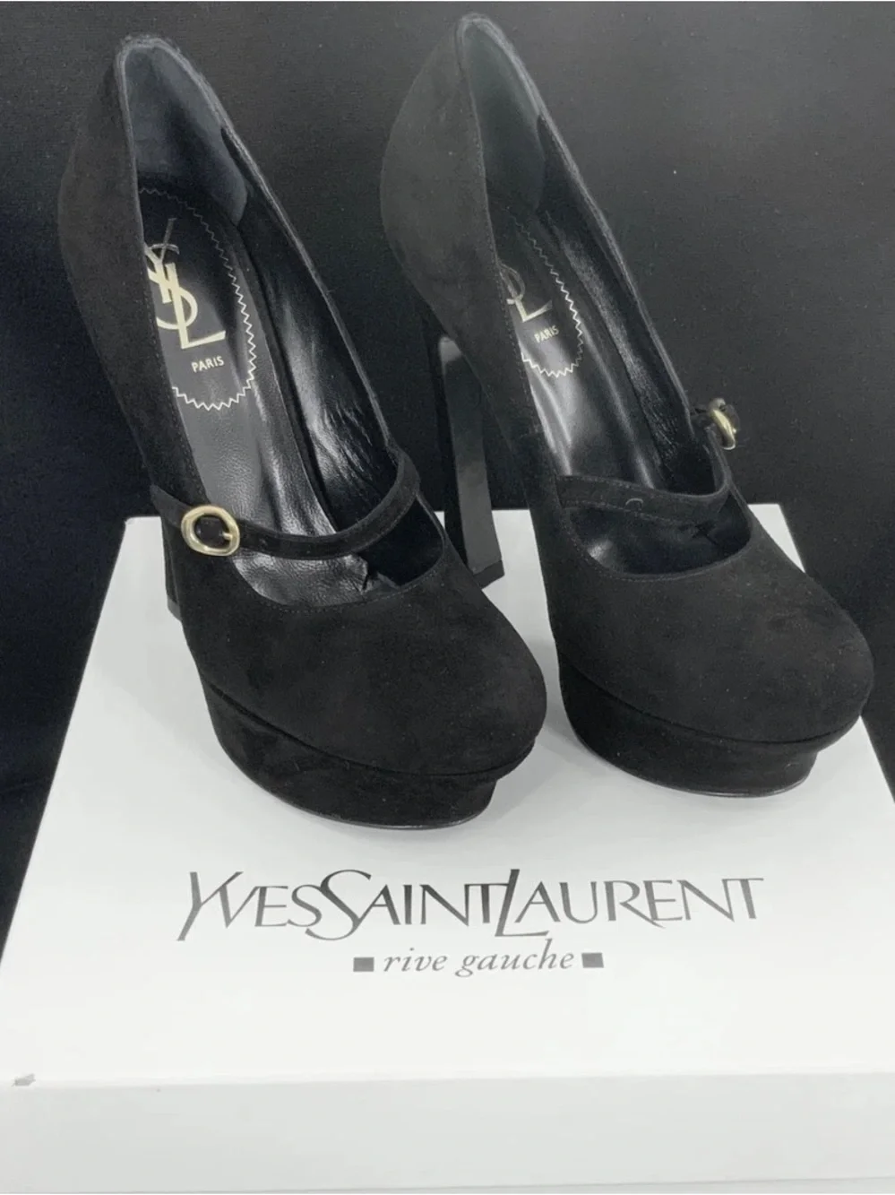 YVES SAINT LAURENT  Black Suede Mary Jane Platform Pumps EU 37